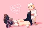  :o ace_of_diamond arm_at_side arm_support ball bangs baseball baseball_cap baseball_uniform black_shorts blonde_hair blue_eyes breasts character_name closed_mouth clothes_writing crossed_legs eyelashes flipped_hair full_body genderswap genderswap_(mtf) hat heart kneehighs looking_at_viewer looking_to_the_side medium_breasts narumiya_mei nishita pink_background shadow shirt shoe_soles shoes short_hair short_sleeves shorts sideways_hat signature simple_background sitting sneakers solo sportswear t-shirt undershirt white_hat white_legwear wristband 