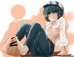  artist_request bare_feet blush censored dress_shirt feet footjob goggles green_eyes green_hair hat highres kino kino_no_tabi nipples open_clothes open_mouth open_shirt pants ribs short_hair sitting small_breasts sweat tomboy 