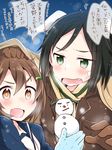  +_+ 2girls :d animal_ears black_hair blanket blue_gloves blush brave_witches brown_coat brown_eyes brown_gloves brown_hair buttons coat commentary diamond-shaped_pupils dog_ears eyebrows_visible_through_hair fang gloves green_eyes hair_ornament hairclip hand_on_another's_head highres kanno_naoe karibuchi_hikari military military_uniform multiple_girls open_mouth scarf short_hair smile snowing snowman sparkling_eyes sweatdrop symbol-shaped_pupils translation_request uniform v-shaped_eyebrows world_witches_series yasaka_shuu 