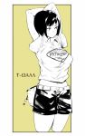  1girl belt breasts closed_mouth clothes_writing commentary_request greyscale hands_up large_breasts monochrome navel original sakurai_energy shirt short_hair shorts solo standing stretch sweat white_shirt yellow_background 