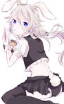  animal_ears blue_eyes blush braid bunny_ears bunny_tail chopsticks commentary_request eating egg_yolk food food_in_mouth hair_ornament ia_(vocaloid) long_hair noodles short_sleeves silver_hair skirt sleeve_cuffs solo sotsunaku steam tail thighhighs twin_braids udon very_long_hair vocaloid 