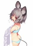  angry animal_ears back blush bra cinderella_bust flying_sweatdrops full-face_blush grey_hair kaiza_(rider000) looking_at_viewer mouse_ears mouse_tail nazrin open_mouth panties red_eyes shirt short_hair simple_background solo tail touhou underwear underwear_only white_background 