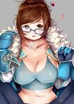  artist_name black-framed_eyewear blue_pants breasts brown_eyes brown_hair cleavage clenched_hands coat collarbone crop_top fur_trim glasses gloves grey_background hair_bun hair_ornament hair_stick heart highres large_breasts long_sleeves looking_at_viewer mei_(overwatch) messy_hair midriff navel open_mouth overwatch pants rono short_hair signature simple_background solo spoken_heart spread_legs tank_top upper_body 