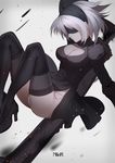 ass black_dress black_legwear blindfold boots breasts center_opening cleavage closed_mouth copyright_name dress expressionless falling high_heel_boots high_heels holding holding_sword holding_weapon knees_up large_breasts legs_apart long_sleeves nier_(series) nier_automata panties pantyshot rizky_(strated) short_hair silver_hair solo sword thighhighs thighs underwear weapon wind wind_lift yorha_no._2_type_b 