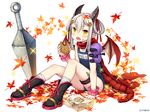  arm_support autumn_leaves bandaged_leg bandages bangs bare_arms black_footwear blue_swimsuit blush boots dragon_girl dragon_horns dragon_tail dragon_wings eating eyebrows_visible_through_hair flat_chest food food_on_face full_body hair_between_eyes hair_ornament hair_ribbon hair_rings hand_up holding holding_food holster horns huge_weapon kinako_(monmusu_harem) knees_up kunai leaf leaf_on_head long_hair looking_at_viewer magatama maple_leaf monmusu_harem namaru_(summer_dandy) ninja official_art open_mouth oversized_object planted_weapon pointy_ears red_ribbon red_scarf ribbon scarf school_swimsuit sharp_teeth sidelocks silver_hair simple_background sitting snack solo sparkle stuffed_animal stuffed_toy swimsuit tail taiyaki teeth thigh_holster wagashi weapon white_background wings wrist_cuffs yellow_eyes 