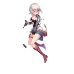  blush boots brown_eyes brown_footwear covering covering_crotch fangdan_runiu full_body girls_frontline gloves gun handgun knee_boots looking_at_viewer luger_p08 official_art p08_(girls_frontline) pistol short_hair silver_hair skirt solo thigh_strap torn_clothes torn_skirt transparent_background weapon 