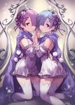  alternate_costume blue_eyes blue_hair detached_sleeves hair_over_one_eye hands_clasped hands_up highres holding_hands kneeling lee_hyeseung light_particles looking_at_viewer looking_to_the_side maid_headdress multiple_girls own_hands_together purple_hair ram_(re:zero) re:zero_kara_hajimeru_isekai_seikatsu red_eyes rem_(re:zero) scarf shared_scarf short_hair siblings sisters smile thighhighs twins white_legwear 