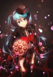  bad_id bad_pixiv_id black_hat black_nails black_ribbon black_shirt black_shorts blue_eyes blue_hair flower from_above hair_flower hair_ornament hair_ribbon hat hatsune_miku head_tilt highres holding long_hair looking_at_viewer looking_up marmalade_(elfless_vanilla) mini_hat nail_polish neck_ribbon red_flower red_ribbon ribbon shirt shorts smile solo standing striped striped_ribbon twintails very_long_hair vocaloid 