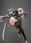  absurdres ass black_dress black_footwear black_legwear blindfold boots dress eis from_below grey_background hair_over_eyes hairband high_heel_boots high_heels highres katana knee_boots legs long_legs mole mole_under_mouth nier_(series) nier_automata panties short_hair simple_background solo sword thighs underwear weapon white_hair white_panties yorha_no._2_type_b 