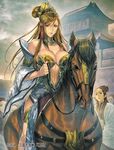  animal bad_source bare_shoulders breasts brown_eyes brown_hair character_request chinese_clothes cleavage copyright_name dress hair_ornament hanfu homare_(fool's_art) horse horseback_riding large_breasts lipstick long_hair looking_at_viewer makeup outdoors riding sangokushi_taisen solo_focus wide_sleeves 