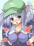  backpack bag bangs between_breasts blue_eyes blue_hair blush breasts cleavage collarbone directional_arrow eyebrows_visible_through_hair green_hat hair_bobbles hair_ornament hat highres kawashiro_nitori key large_breasts looking_at_viewer nose_blush open_mouth short_sleeves signature solo speech_bubble tirotata touhou translated two_side_up upper_body 