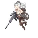  bikini_top black_footwear black_jacket black_legwear blush boots cancer_(zjcconan) crying crying_with_eyes_open finger_on_trigger full_body girls_frontline green_eyes gun hair_between_eyes head_tilt holding holding_gun holding_weapon hood hooded_jacket jacket leaning_forward leg_up looking_at_viewer navel official_art open_mouth pantyhose ponytail psg-1 psg-1_(girls_frontline) rifle scope short_hair silver_hair sniper_rifle solo tears torn_bikini torn_clothes torn_legwear transparent_background weapon 