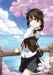  adjusting_hair ahoge alternate_costume bird black_skirt blue_eyes blush braid brown_hair camera casual cherry_blossoms cloud cloudy_sky collared_shirt cowboy_shot day fence hair_flaps hair_ornament hair_ribbon highres kantai_collection kujou_ichiso long_sleeves looking_at_viewer necktie ocean official_art red_neckwear red_ribbon remodel_(kantai_collection) ribbon shigure_(kantai_collection) shirt short_hair single_braid skirt sky smile solo text_focus tree_branch tree_shade twin-lens_reflex_camera 