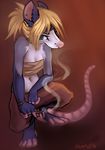  5_fingers anthro blonde_hair crouching digitigrade eyelashes female green_eyes hair mammal marsupial navel opossum orange_background pink_nose simple_background solo wide_hips zenirix 