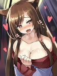  :3 animal_ears bangs bare_shoulders blush breasts brown_eyes brown_hair cleavage collarbone dress eyebrows_visible_through_hair fang heart heart-shaped_pupils highres imaizumi_kagerou in_heat long_hair long_sleeves looking_at_viewer medium_breasts nose_blush open_mouth sidelocks solo strapless strapless_dress symbol-shaped_pupils tirotata touhou upper_body wolf_ears 