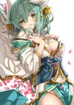  bangs bare_shoulders blush breast_suppress breasts cleavage cowboy_shot eyebrows_visible_through_hair fate/grand_order fate_(series) fingernails green_hair groin hair_between_eyes hand_on_breast heart highres horns japanese_clothes kimono kiyohime_(fate/grand_order) long_hair looking_at_viewer lying medium_breasts messy_hair obi on_back petals sash shino_(eefy) smile solo white_background wide_sleeves yellow_eyes 