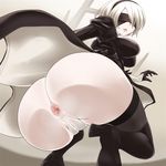  1girl anus ass ass_juice blindfold breasts cameltoe huge_ass looking_back medium_breasts mole mole_under_mouth nier_(series) nier_automata open_mouth short_hair shown solo yorha_unit_no._2_type_b 