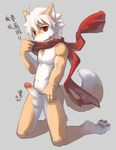  3_toes 5_fingers anthro balls canine erection fox fur hair kneeling male mammal nirvana_(pixiv) pawpads red_eyes scarf simple_background solo tan_fur teenager toes white_fur white_hair young 