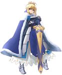  absurdres ahoge armor armored_boots armored_dress artoria_pendragon_(all) avalon_(fate/stay_night) blonde_hair blue_cape boots cape crown excalibur fate/grand_order fate_(series) full_body fur_trim gauntlets green_eyes highres looking_away saber sheath sheathed shunichi solo standing sword weapon 