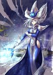 1girl adjusting_clothes adjusting_hat blue_eyes breasts dress duel_monster gloves hat large_breasts long_hair looking_at_viewer magic silent_magician silver_hair solo staff wizard_hat yu-gi-oh! 