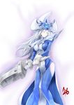  1girl adjusting_clothes adjusting_hat blue_dress breasts dress duel_monster foreshortening full_body gloves hat hip_vent large_breasts long_hair pointing silent_magician silver_hair solo sword weapon wizard_hat yellow_eyes yu-gi-oh! 