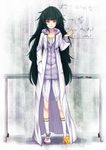  black_hair board collarbone equation flat_chest full_body green_eyes highres hiyajou_maho kneehighs labcoat legs letter long_coat long_hair looking_at_viewer mismatched_footwear nina_(ninageya) number open_mouth pen pointing shoes slippers smile socks solo standing steins;gate steins;gate_0 very_long_hair whiteboard writing zipper 