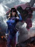  animal_print arm_at_side arm_up blue_bodysuit bodysuit breasts brown_eyes brown_hair bunny_print chen_(caqiq) closed_mouth contrapposto covered_navel d.va_(overwatch) facepaint fire gloves lips long_hair looking_at_viewer medium_breasts meka_(overwatch) overwatch ribbed_bodysuit smile smoke solo standing whisker_markings white_gloves 