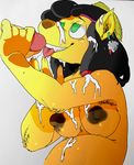  almonds_(artist) anthro black_hair breasts canine cum cum_in_hair cum_on_breasts cum_on_face ear_piercing female fur green_eyes hair handjob mammal nipples penis piercing sex shooting_star_(character) smile the_last_reservation tongue tongue_out yellow_fur 