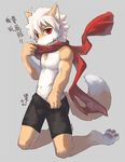  3_toes 5_fingers anthro bulge canine clothing erection fox fur hair kneeling male mammal nirvana_(pixiv) pawpads red_eyes scarf shorts simple_background solo tan_fur teenager toes white_fur white_hair young 