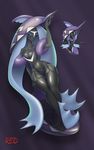  2016 anthro anthrofied black_skin blue_eyes breasts clothed clothing comparison english_text female fin flannaganthered garter_straps legwear lingerie looking_at_viewer nintendo pok&eacute;mon pok&eacute;morph purple_background shell signature simple_background skimpy solo tapu_fini text video_games wide_hips 