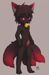  4_toes 5_fingers anthro balls bell_collar black_fur canine collar cub erection fox fur inner_ear_fluff male mammal multi_tail nirvana_(pixiv) pawpads penis red_eyes red_fur solo standing tapering_penis toes young 