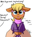  2016 blonde_hair blue_eyes blush brown_fur clothed clothing disembodied_hand dress dsp2003 ear_piercing earth_pony english_text equine female feral friendship_is_magic fur hair horse looking_at_viewer mammal ms_harshwhinny_(mlp) my_little_pony open_mouth piercing pony scarf simple_background solo text white_background 