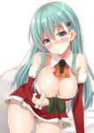  aqua_eyes aqua_hair areolae ascot bare_shoulders blush breasts christmas_tree_hair_ornament cleavage detached_sleeves downblouse dress gradient gradient_background hair_ornament hairclip highres kantai_collection large_breasts long_hair mirea nose_blush pulling red_dress short_dress simple_background solo suzuya_(kantai_collection) white_background 