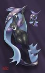 2016 anthro anthrofied black_skin blue_eyes breasts clothed clothing comparison english_text female fin flannaganthered looking_at_viewer nintendo pok&eacute;mon pok&eacute;morph purple_background shell signature simple_background solo tapu_fini text video_games wide_hips 