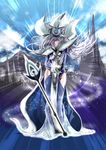  1girl adjusting_clothes adjusting_hat blue_dress breasts dress duel_monster foreshortening full_body gloves hat hip_vent large_breasts long_hair looking_at_viewer magic silent_magician silver_hair solo staff wizard_hat yu-gi-oh! 