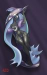  2016 anthro anthrofied black_skin blue_eyes breasts clothed clothing comparison english_text female fin flannaganthered garter_straps legwear looking_at_viewer nintendo partially_clothed pok&eacute;mon pok&eacute;morph purple_background pussy shell signature simple_background solo tapu_fini text video_games wide_hips 