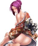  1girl ass back breasts kagami_hirotaka kimono koukawa_oboro large_breasts lilith-soft oboro_(taimanin_asagi) purple_eyes purple_hair smile solo taimanin_(series) taimanin_asagi taimanin_asagi_battle_arena wide_hips yukata 