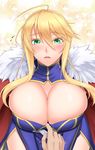  areola_slip areolae artoria_pendragon_(all) artoria_pendragon_(lancer) blonde_hair blush breasts cape cleavage fate/grand_order fate_(series) fur_trim green_eyes large_breasts looking_at_viewer pov shuugetsu_karasu solo_focus 