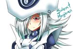  1girl adjusting_clothes adjusting_hat blue_dress breasts dress duel_monster gloves hat large_breasts long_hair looking_at_viewer red_eyes silent_magician silver_hair solo staff wizard_hat yu-gi-oh! 