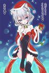  animal_ears black_legwear blue_eyes blush breasts cat_ears character_request christmas cleavage detached_sleeves dokidoki_sister_aoi-chan dress hat medium_breasts open_mouth original outstretched_hand panties red_panties santa_costume santa_hat shoes short_dress short_hair silver_hair smile solo strapless strapless_dress tail takahashi_tetsuya thighhighs translated underwear upskirt 