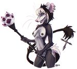  4_fingers anthro black_hair breasts featureless_breasts female fur hair mammal marsupial navel nipples opossum pink_nose simple_background smile solo standing white_background white_fur white_hair wide_hips zenirix 