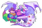  anthro clothed clothing dinosaur dragon duo female horn obese open_mouth overweight skymachine smile standing wings 