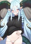  belly_grab blue_hair blush braid breasts colored_pubic_hair covered_nipples eyebrows fate/grand_order fate_(series) hair_ornament hairclip highres horns jewelry k_jin long_hair looking_at_viewer navel pointy_ears pregnant pubic_hair pubic_hair_peek ribbed_sweater ring solo sweater symbol-shaped_pupils tail tiamat_(fate/grand_order) 