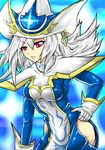  1girl adjusting_clothes adjusting_hat blue_dress breasts dress duel_monster female hat highres hip_vent large_breasts long_hair looking_at_viewer magical_girl shiny_skin silent_magician silver_hair solo staff wizard_hat yu-gi-oh! 