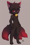  4_toes 5_fingers anthro bell_collar black_fur canine collar cub fox fur inner_ear_fluff male mammal multi_tail nirvana_(pixiv) pawpads red_eyes red_fur solo standing toes young 