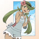  :o apron armpit_peek arms_up bangs bare_shoulders blue_sky cloud cloudy_sky cowboy_shot dark_skin day eyebrows_visible_through_hair flower green_eyes green_hair hair_flower hair_ornament highres long_hair looking_at_viewer mao_(pokemon) mzrz open_mouth pink_shirt poke_ball pokemon pokemon_(game) pokemon_sm polka_dot polka_dot_background shirt sky sleeveless sleeveless_shirt solo spoon standing swept_bangs teeth thighs trial_captain twintails 