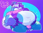  anthro belly big_belly blush bulge canine duo english_text hyper hyper_belly male mammal navel obese overweight skymachine sweat text unzipped vore 