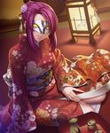  1girl breasts kagami_hirotaka kimono koukawa_oboro large_breasts lilith-soft mask oboro_(taimanin_asagi) purple_hair sake smile solo taimanin_(series) taimanin_asagi taimanin_asagi_battle_arena wide_hips yukata 