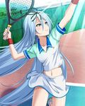  1girl blue_eyes blue_hair hair_ribbon krulcifer_einfolk long_hair saijaku_muhai_no_bahamut small_breasts tennis 