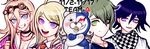  2girls ahoge akamatsu_kaede amami_rantarou bad_id bad_twitter_id barbed_wire beamed_eighth_notes bear blonde_hair blue_eyes checkered checkered_scarf choker close-up crossed_arms danganronpa dated eighth_note goggles goggles_on_head green_eyes green_hair hair_between_eyes iruma_miu jewelry long_hair looking_at_viewer monokid multiple_boys multiple_girls musical_note musical_note_hair_ornament necklace new_danganronpa_v3 ouma_kokichi pacifier pink_hair purple_eyes purple_hair ringed_eyes rokuichi_(bluelamp61) scarf school_uniform serafuku shirt short_hair signature simple_background sixteenth_note smile straitjacket striped striped_shirt sweat sweater_vest white_background 